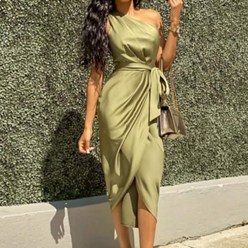 One shoulder olive elegant wrap dress